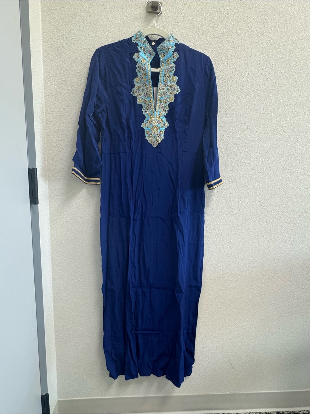 Elegant Navy Maxi Dress with Embroidered V-Neck